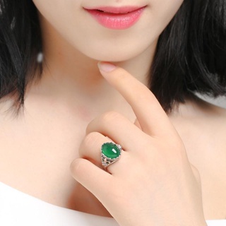 銀綠瑪瑙水晶戒指女祖母綠鑲嵌玉髓食指開口裝飾品