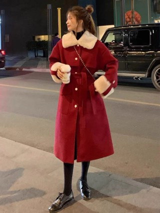 💕甜心大尺碼💕大尺碼紅色毛呢大衣外套女冬季2023年新款加厚赫本風中長款風衣聖誕戰袍