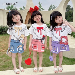 Ljmofa KIDS 2-8歲女童2024新款夏季艾爾莎美人魚連衣裙兒童卡通印花T恤裙