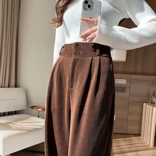 💕甜心大尺碼💕S-5XL 大尺碼秋冬季2023新款棕色燈芯絨闊腿褲子女咖啡色雪尼爾直筒長褲