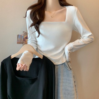 💕甜心大尺碼💕M-5XL 大尺碼方領純棉長袖T恤女春秋季純欲風甜辣妹短款露肚臍上衣內搭打底衫