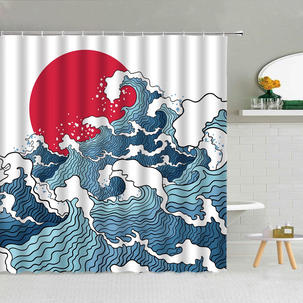 日本大波浪浴簾紅太陽櫻花富士山白鶴水墨風景浴室裝飾浴缸