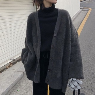 💕甜心大尺碼💕大尺碼秋冬外套 毛衣開衫寬松大碼仿水貂絨毛衣開衫韓版純色針織開衫女毛衣外套
