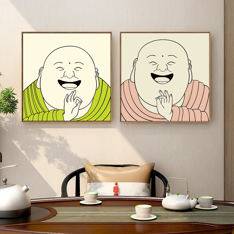 佛系笑佛彌勒佛畫像掛畫新中式禪意茶室裝飾畫入戶玄關背景墻壁畫
