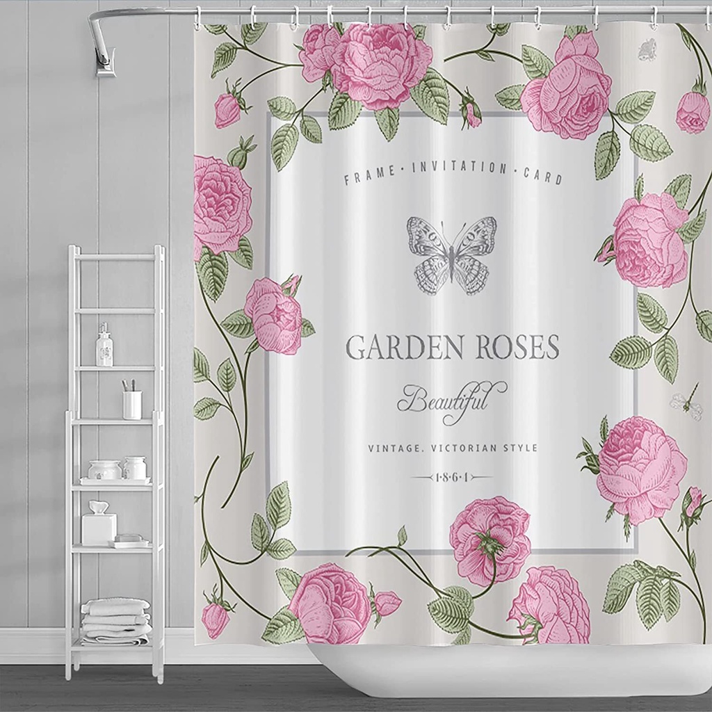 花卉浴簾玫瑰美麗的短語黑色蝴蝶粉紅色花朵和綠葉沐浴藝術窗簾可水洗