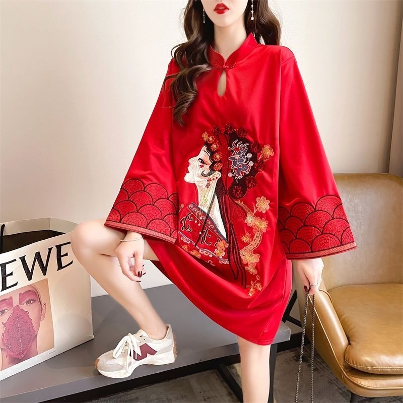 Queen.t 大尺碼洋裝 改良式旗袍 寬鬆顯瘦 中國風旗袍洋裝 紅色 新年裝 春秋 女裝 媽媽洋裝