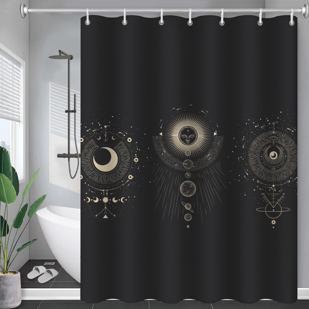 黑色浴簾日月現代星座抽象神秘浴室防水窗簾家居裝飾