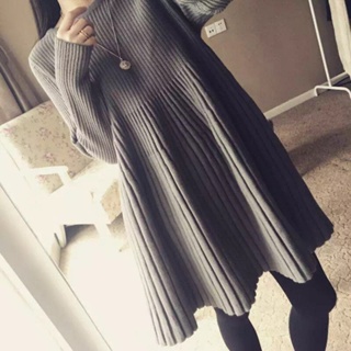 韓版長袖針織洋裝 素色毛衣裙 簡約中長裙女