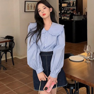 韓版長袖襯衫 娃娃領素色襯衫 洋氣寬鬆上衣