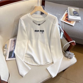 💕甜心大尺碼💕M-5XL 大尺碼純棉長袖t恤女裝胖mm秋季鏈條別致刺繡內搭短版打底衫上衣