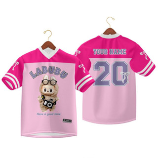 【免費定製姓名號碼】LABUBU Coquette Oversized 美式球衣女夏季上衣粉色情侶 V 領運動衫