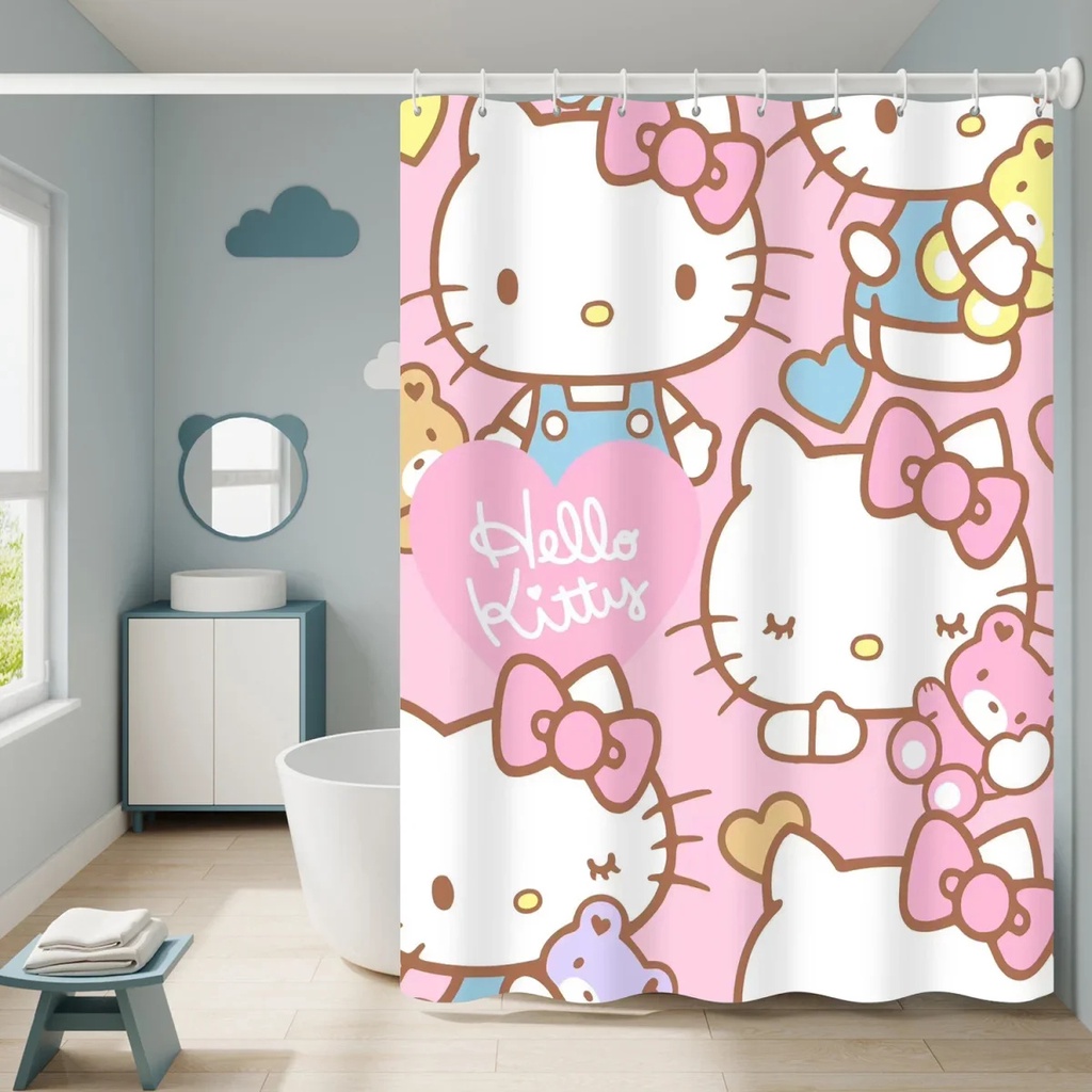三麗鷗 Hello Kitty 可愛卡哇伊卡通浴簾防水帶掛鉤動漫浴室裝飾窗簾