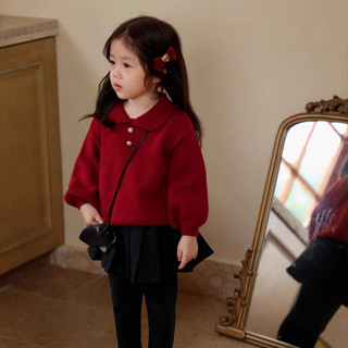 ✨小不點兒✨ 女童針織上衣 娃娃領 甜美風 女童新年紅色毛衣童裝秋冬新款公主風洋氣超甜娃娃領針織衫上衣90-140cm