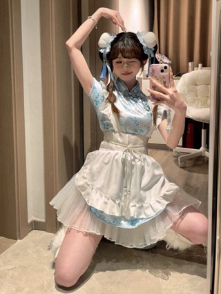 【雅韓優選】新中式小廚娘改良旗袍連衣裙 夏季洋氣COS 女僕圍裙服兩件套裝 角色扮演 造型服飾 動漫2次元 表演服