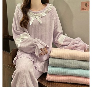 💕甜心大尺碼💕M-4XL大尺碼秋冬女睡衣珊瑚絨法式家居服蕾絲花邊套頭套裝