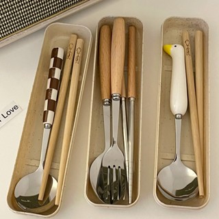 限時下殺 好好吃飯ins小鴨子木質不銹鋼可愛勺子筷子餐具套裝便攜收納盒