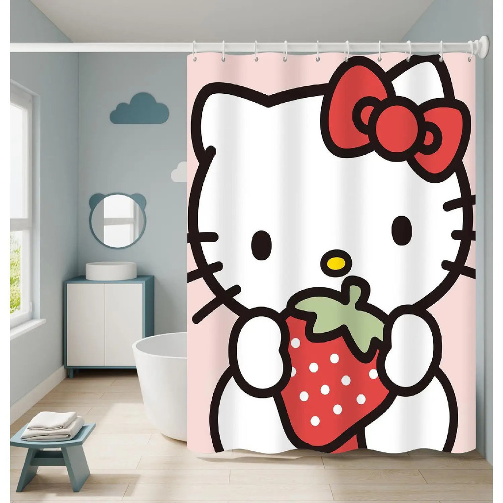 粉色草莓三麗鷗 Hello Kitty 卡通番茄防水滌綸浴簾帶掛鉤配件女孩