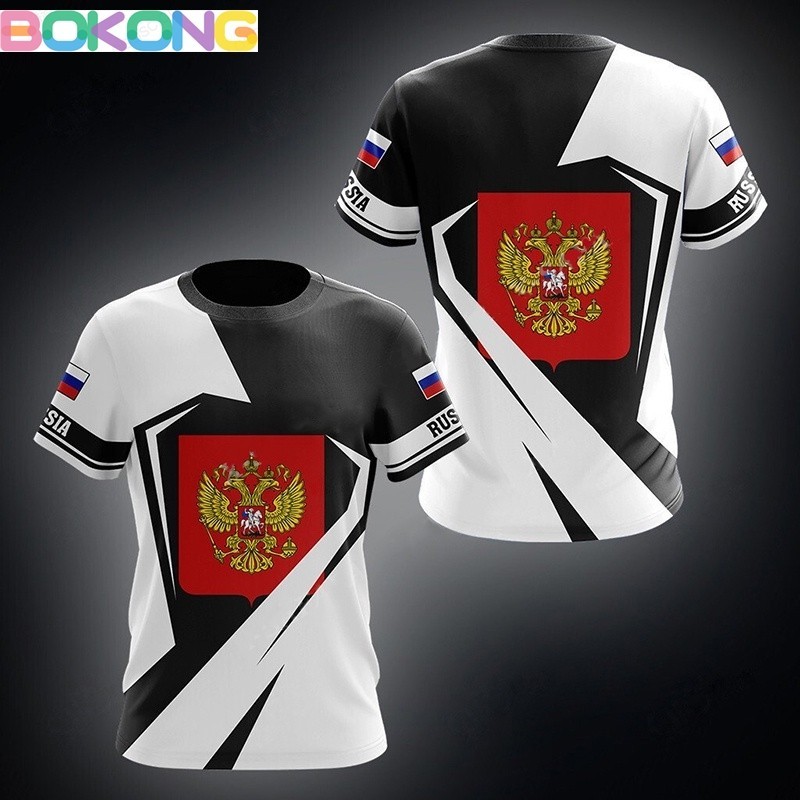 (Bokong) 俄羅斯國旗男士t恤俄羅斯三維印花船領襯衫時尚短袖加大碼服裝寬鬆上衣