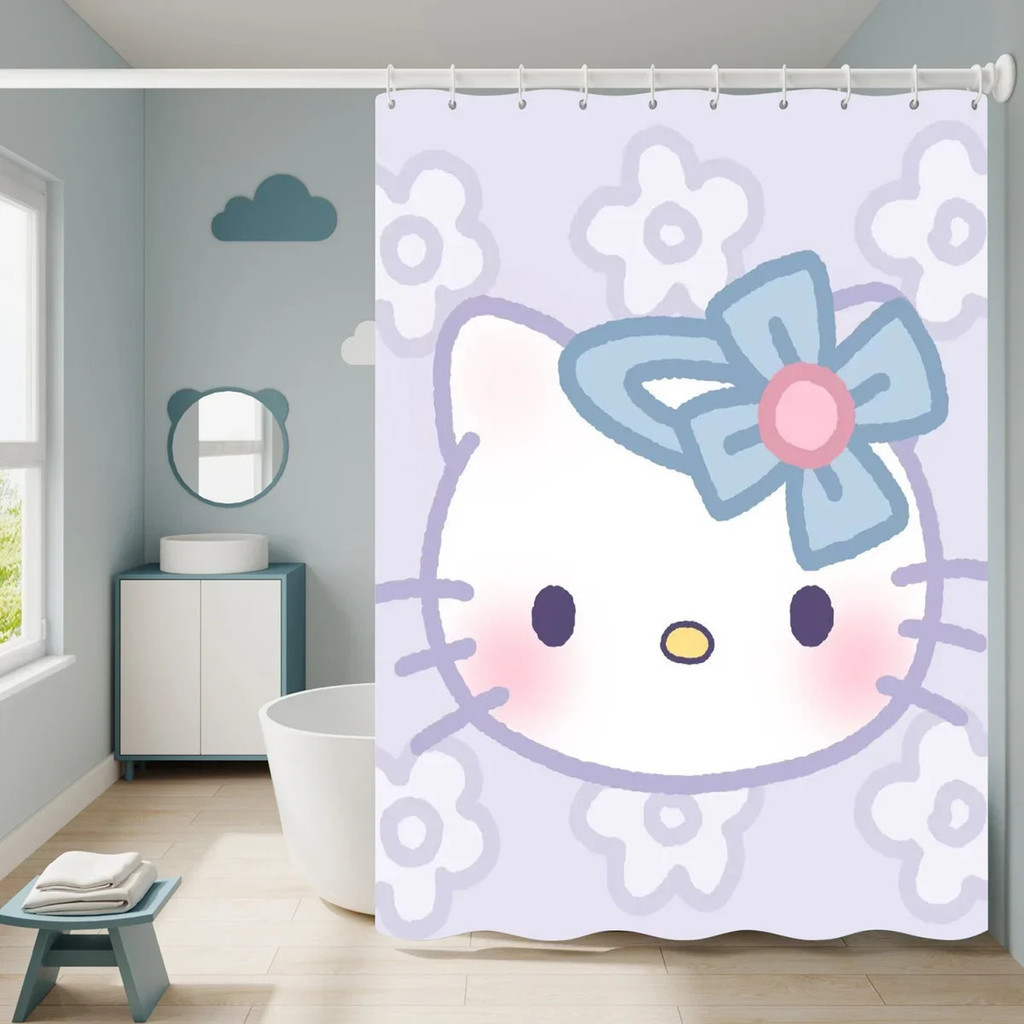 三麗鷗 Hello Kitty 卡哇伊卡通浴簾浴室簾防水帶掛鉤動漫家居裝飾