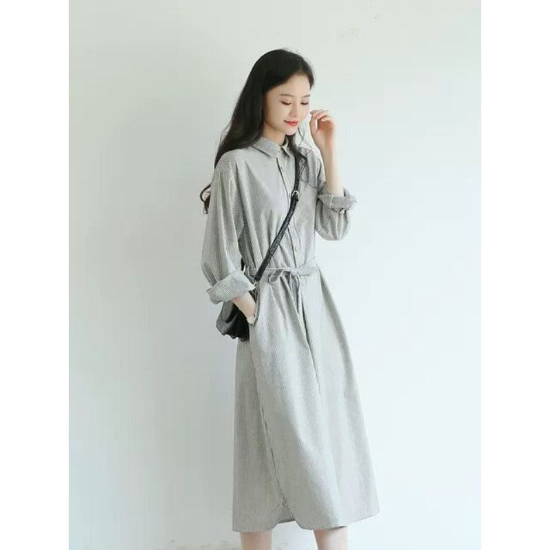 洋裝女日系條紋襯衫中長裙寬鬆休閒長袖棉麻洋裝