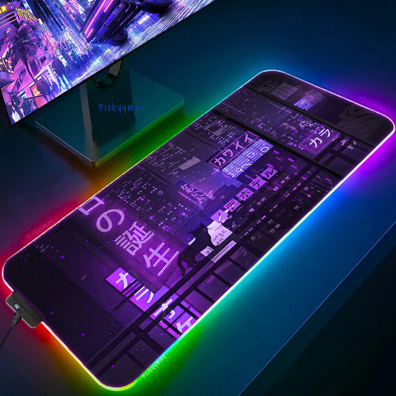 大號 RGB 鼠標墊 XXL 紫色城市霓虹鼠標墊 LED 鼠標墊日本鼠標墊桌墊鍵盤墊辦公桌地毯