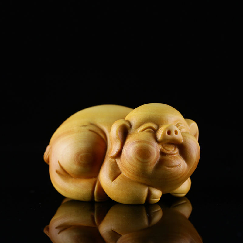 黃楊木雕動物 小豬擺件 手把件 雕刻工藝禮品 家居飾品 木刻茶寵 福氣豬