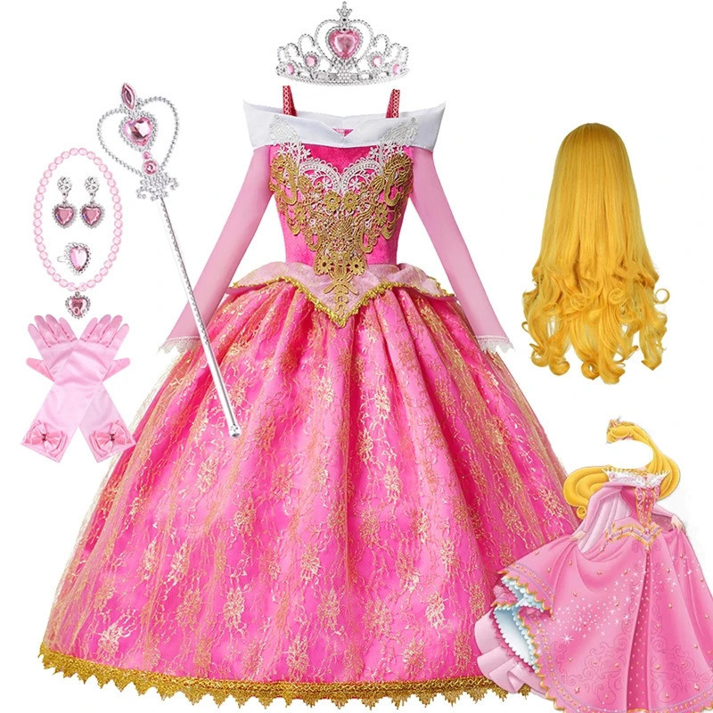 女孩睡美人極光萬聖節角色扮演連衣裙露肩兒童禮物花式派對公主服裝