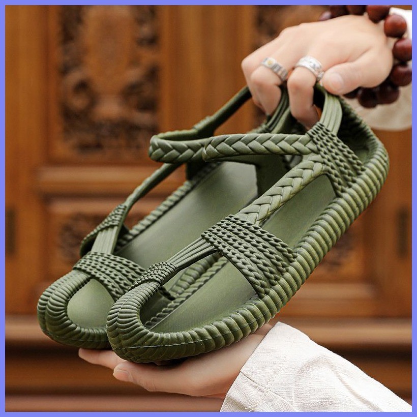 新款老式仿編織EVA編織手編涼鞋草鞋透氣耐磨純手工男女同款民族
