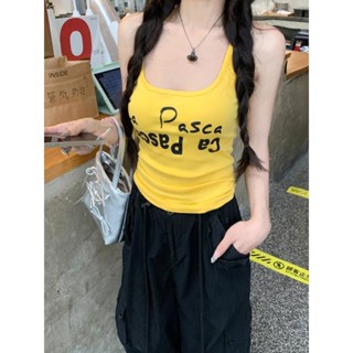 【蘇禾小店】✿ 【店鋪熱銷】特大碼150.0kg美式辣妹黃色字母吊帶小背心女夏季打底運動上衣外穿2