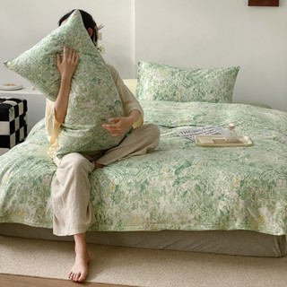 現貨 韓系水墨綠境 針織棉四件組 純棉床單 床包組 床罩組 被套 裸睡單人床包 雙人床包 加大雙人 特大雙人床包四件組