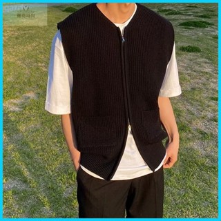 【臺灣出貨】 毛衣小外套男 2色M-3XL 寬鬆日系毛衣馬甲男 秋季新款 時尚個性 學院風無袖拉鍊針織小外套外套