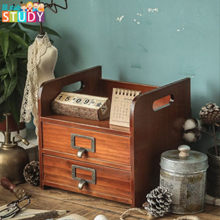 Zakka木質復古收納盒桌面梳妝台化妝品置物架辦公桌書桌抽屜式櫃