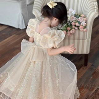 免運❥ 女童公主裙禮服 短袖禮服 蓬蓬裙 網紗連衣裙 公主洋氣 女童禮服 女童香檳金亮片公主裙 兒童長裙泡泡袖連衣裙
