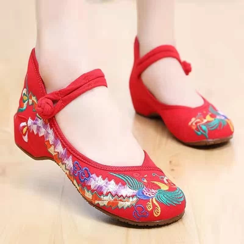 鞋子古風繡花鞋民族風鞋 老北京女布鞋民族風繡花鞋坡跟鞋紅色婚鞋