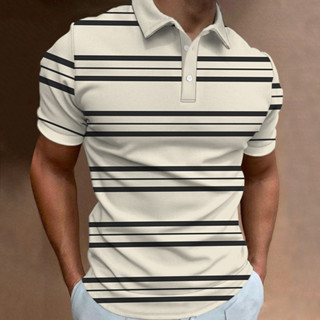 男士休閒 Polo 衫條紋印花夏季時尚街頭短袖上衣高爾夫襯衫