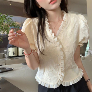 韓版短袖襯衫 夏季v領洋氣襯衫 簡約短版上衣