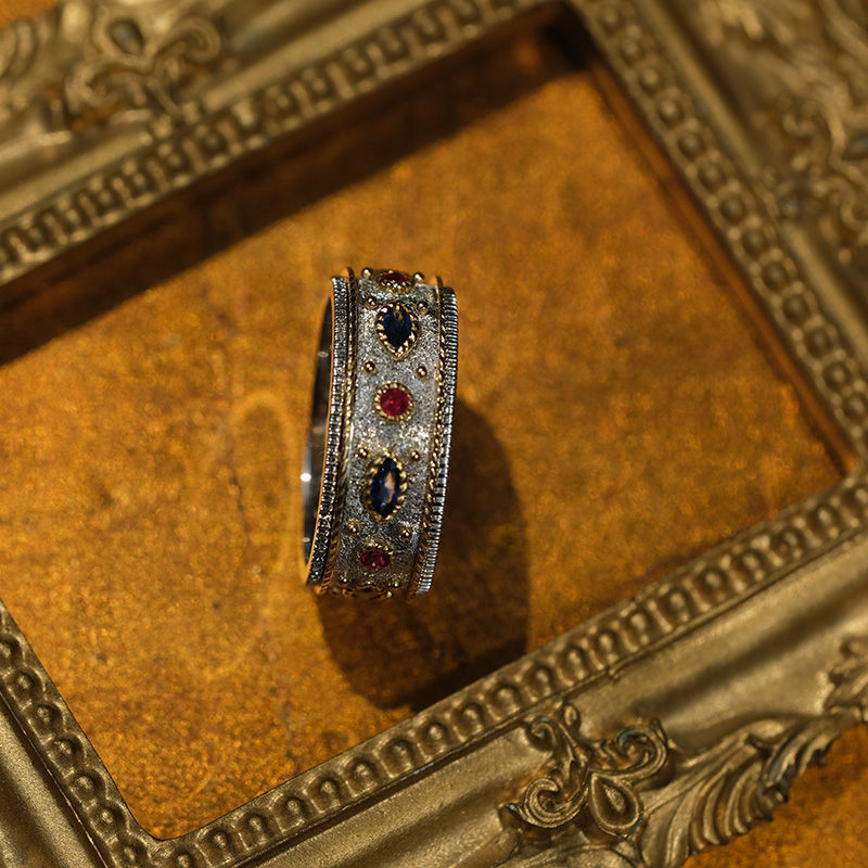 皇家宮廷復古風戒指 銀鑲嵌紅鑽藍鑽義大利工藝歐美戒指