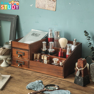 抽屜式化妝整理復古收納盒zakka桌面梳妝化妝品實木質書桌置物架