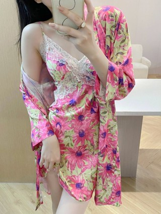 🚚免運🚚 ♞,♘2024年夏季新款性感吊帶睡衣女薄款冰絲綢韓國印花睡裙睡袍兩件套