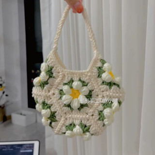 DIY毛線鉤針材料包 手工編織包包 手工diy祖母格手提編織包包 毛線鉤織材料包送女友單肩斜跨女包