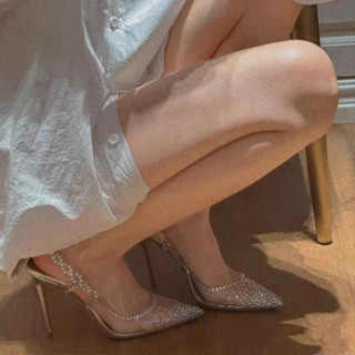 透明水晶包頭涼鞋女2023年夏新款水鑽尖頭淺口高跟鞋後空細跟單鞋