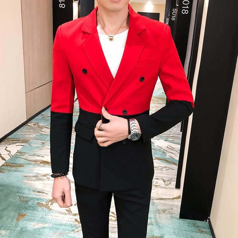 個性拼接西裝男黑紅拼色時尚單西雙排扣韓版緊身英倫西裝歌手外套