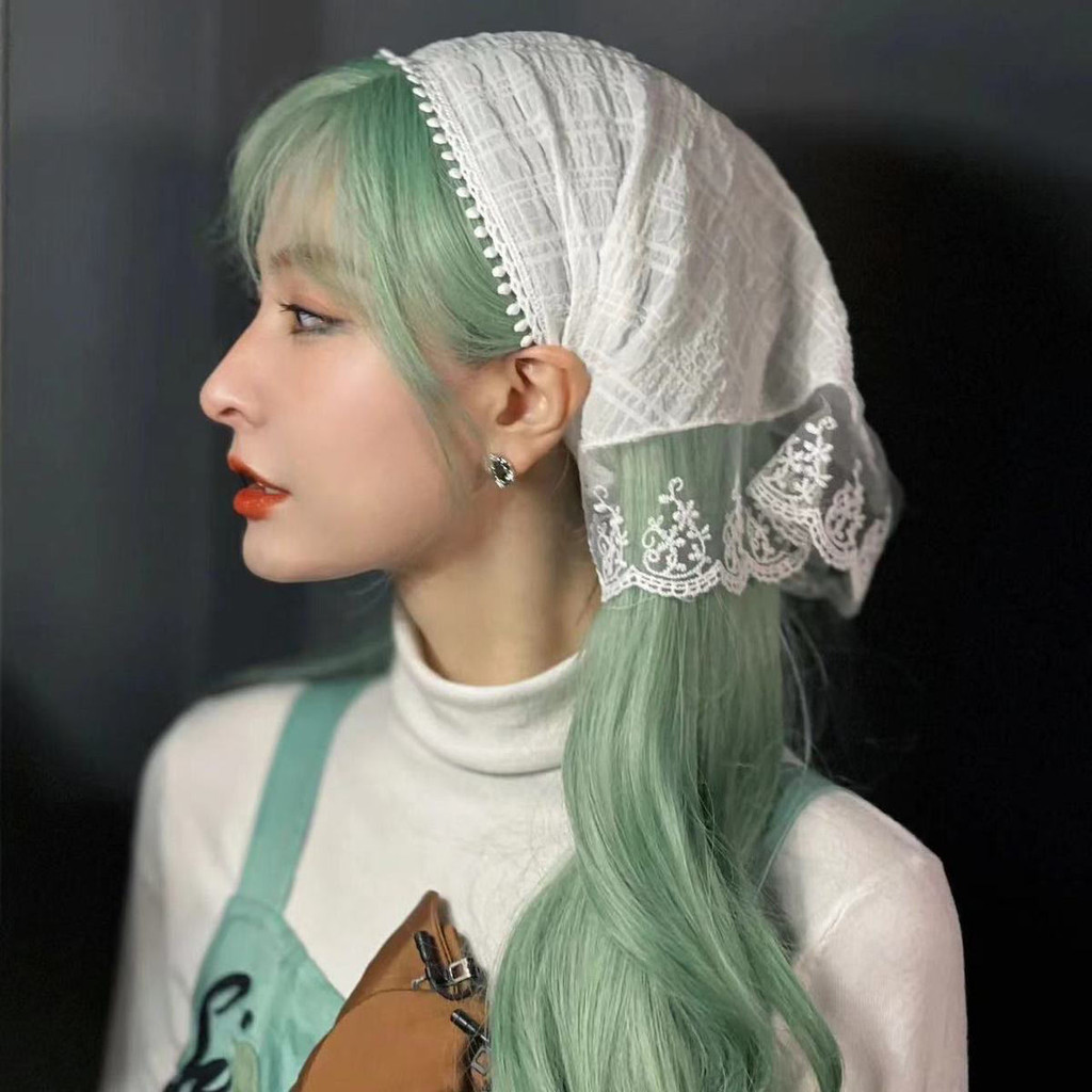 三角頭巾 女白色花朵蕾絲髮帶 韓版包頭時尚絲巾