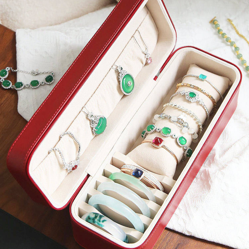 首飾收納 手鍊項鍊手串玉手鐲子收納盒 結婚訂婚喜慶便攜皮質珠寶翡翠首飾盒