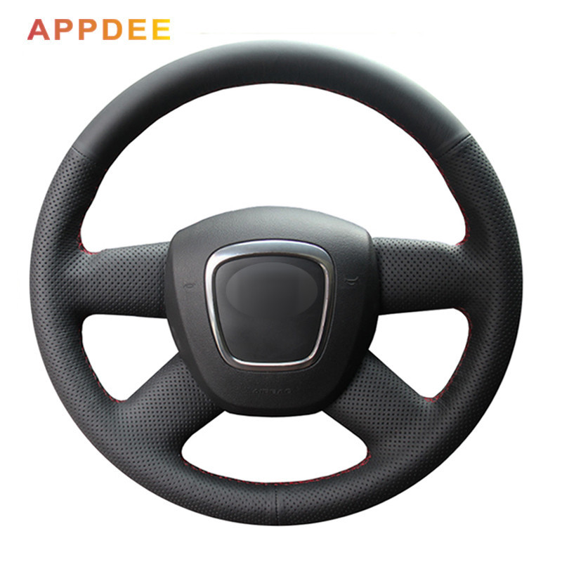 Appdee 黑色人造皮革汽車方向盤套適用於奧迪舊 A4 B7 B8 A6 C6 2004-2011 Q5 2008-2