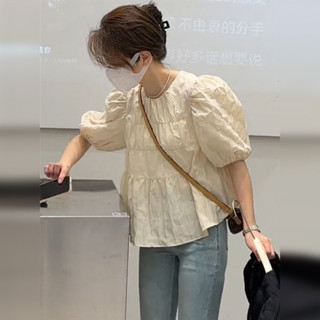 韓版短袖襯衫 夏季洋氣小衫 圓領百搭上衣