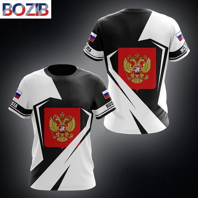 (Bozibb) 俄羅斯國旗男士 T 恤俄羅斯三維印花船領襯衫時尚短袖加大碼服裝寬鬆上衣