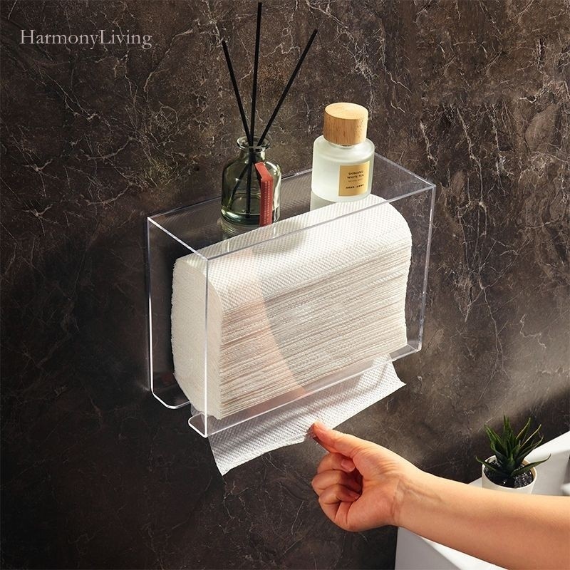 【HarmonyLiving】 擦手紙盒 擦手紙架 衛生紙架 透明面紙盒 方形面紙收納盒 衛生間 簡約 無痕壁掛式廁所抽