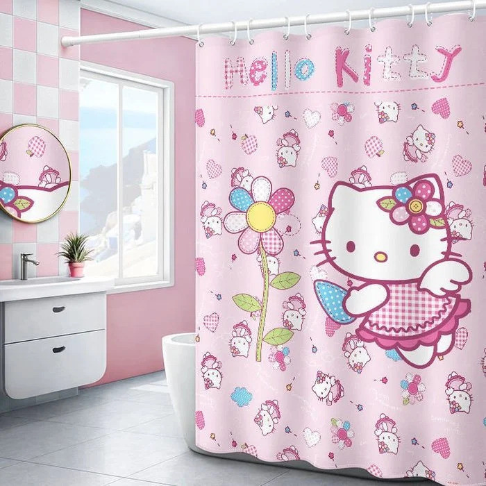 三麗鷗 Hello Kitty 卡哇伊卡通浴簾防水防黴浴屏帶掛鉤動漫家居裝飾