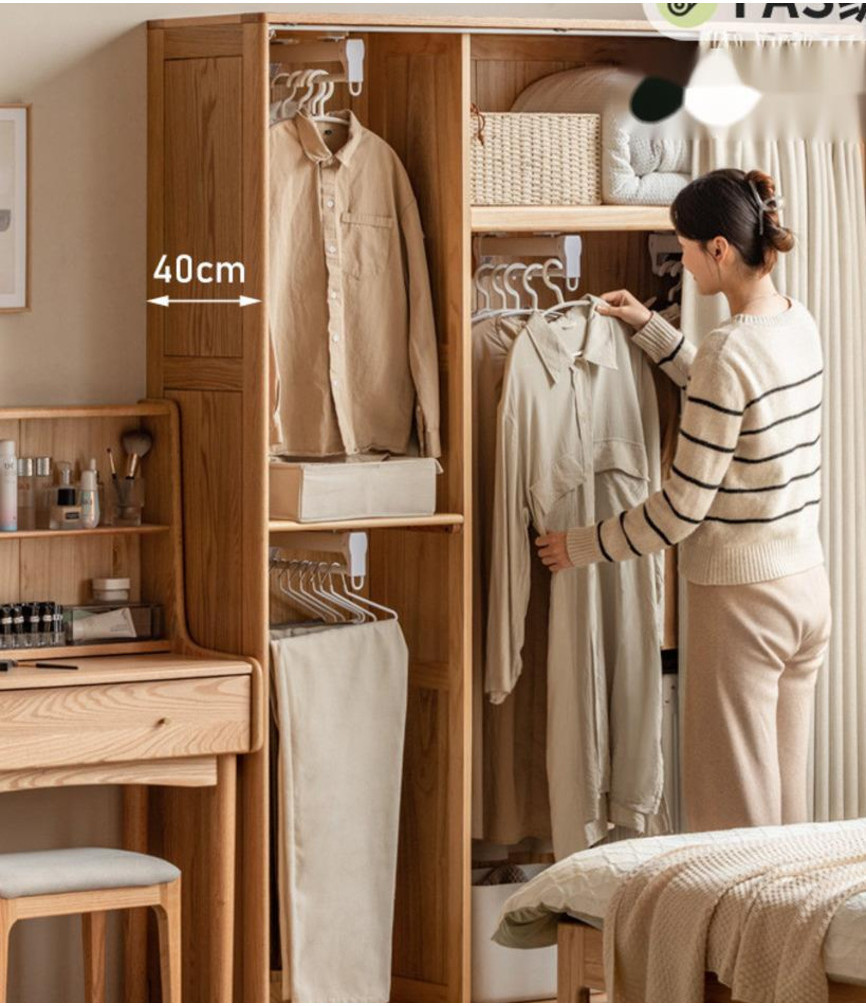 源氏木語實木衣櫃橡木小戶型超薄布簾衣櫥現代簡約原木防塵儲物櫃